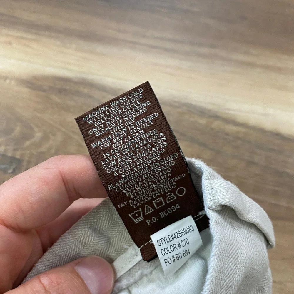Perry Ellis Trousers 38/30 Linen Cotton Herringbone Straight Leg Beige Tan